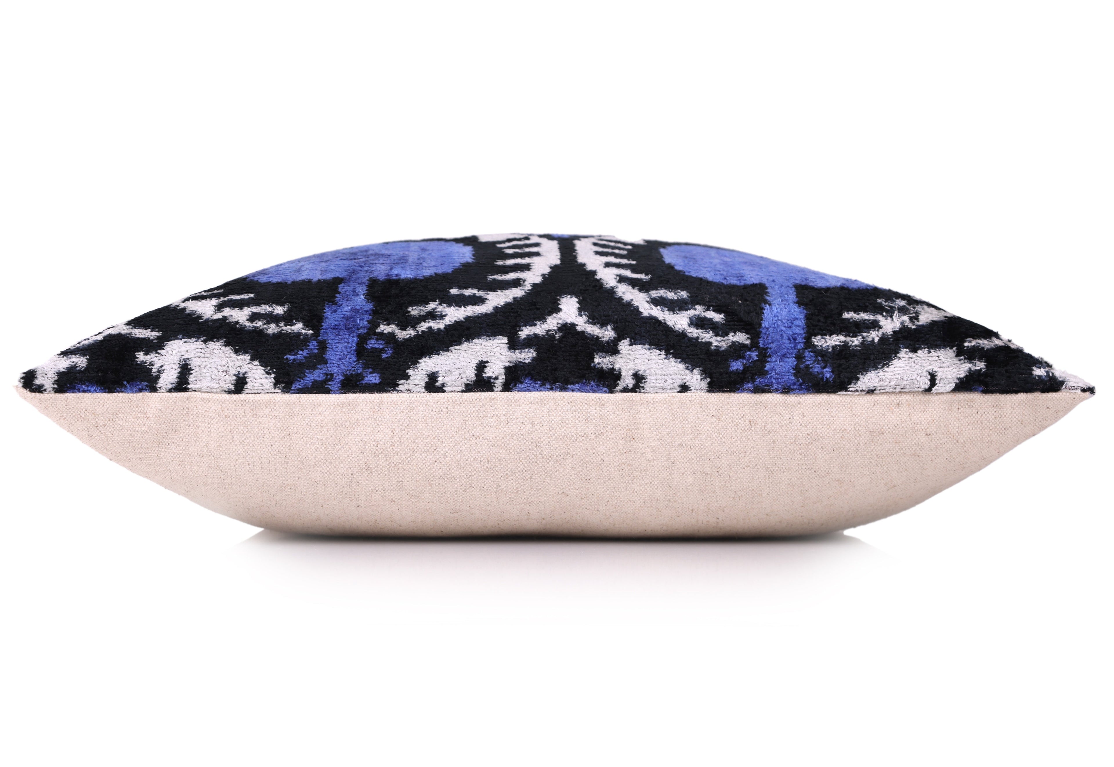 Handmade Ikat Velvet Pillow – 20x20" Blue & Black Silk Cushion