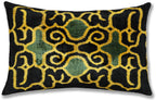 Hand-Knotted Silk Velvet Ikat Lumbar Pillow - 16x24 Gold & Forest Green