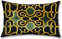 Hand-Knotted Silk Velvet Ikat Lumbar Pillow - 16x24 Gold & Forest Green