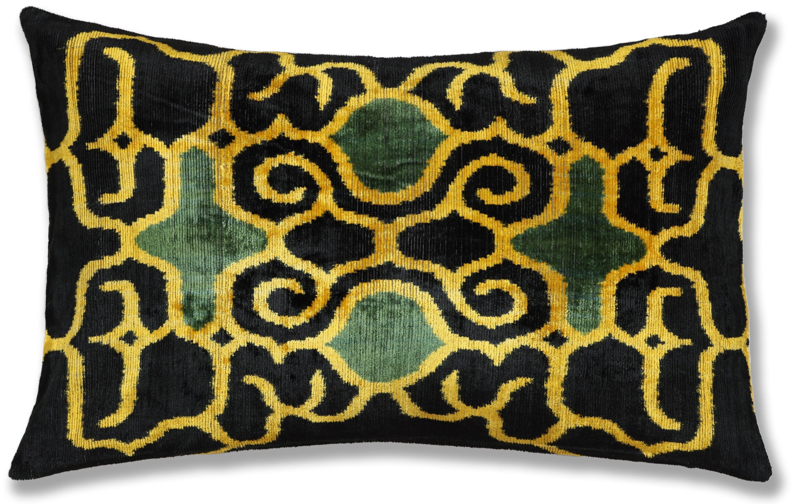 Hand-Knotted Silk Velvet Ikat Lumbar Pillow - 16x24 Gold & Forest Green