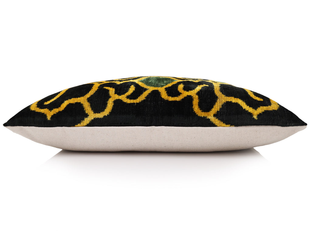 Hand-Knotted Silk Velvet Ikat Lumbar Pillow - 16x24 Gold & Forest Green