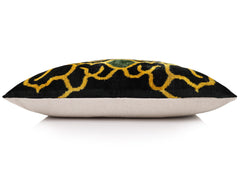 Hand-Knotted Silk Velvet Ikat Lumbar Pillow - 16x24 Gold & Forest Green