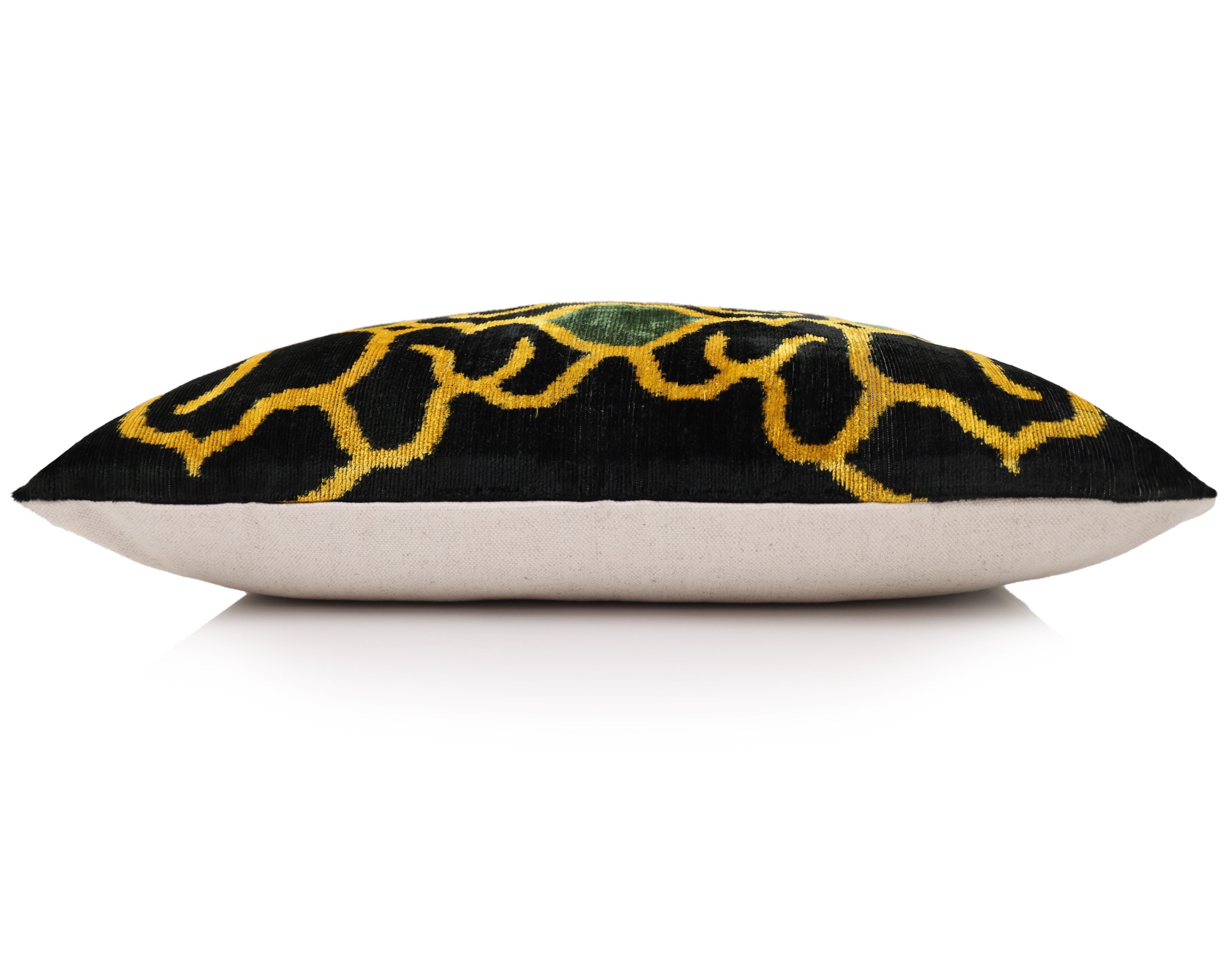 Hand-Knotted Silk Velvet Ikat Lumbar Pillow - 16x24 Gold & Forest Green