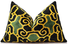 Hand-Knotted Silk Velvet Ikat Lumbar Pillow - 16x24 Gold & Forest Green
