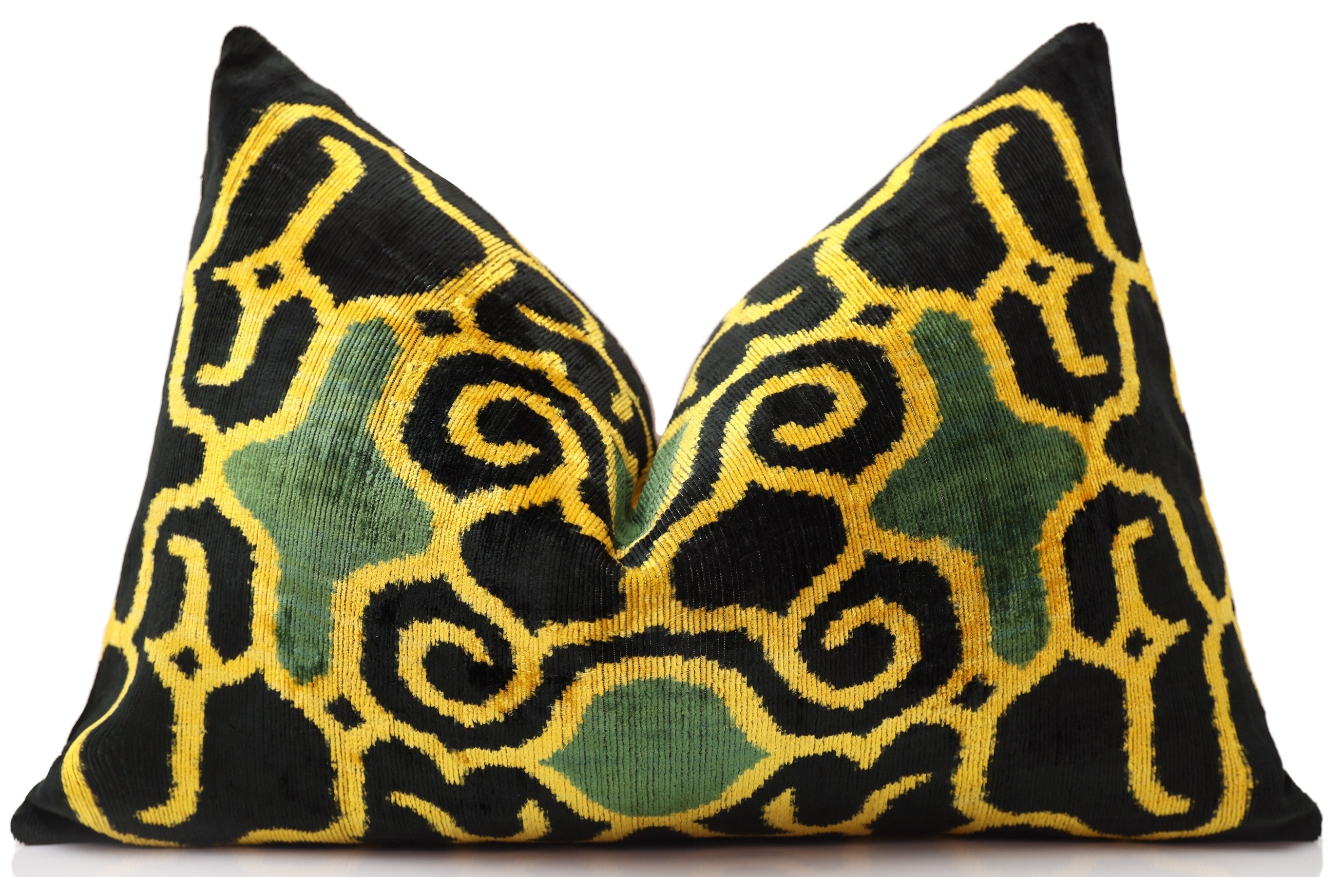 Hand-Knotted Silk Velvet Ikat Lumbar Pillow - 16x24 Gold & Forest Green