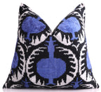 Handmade Ikat Velvet Pillow – 20x20" Blue & Black Silk Cushion