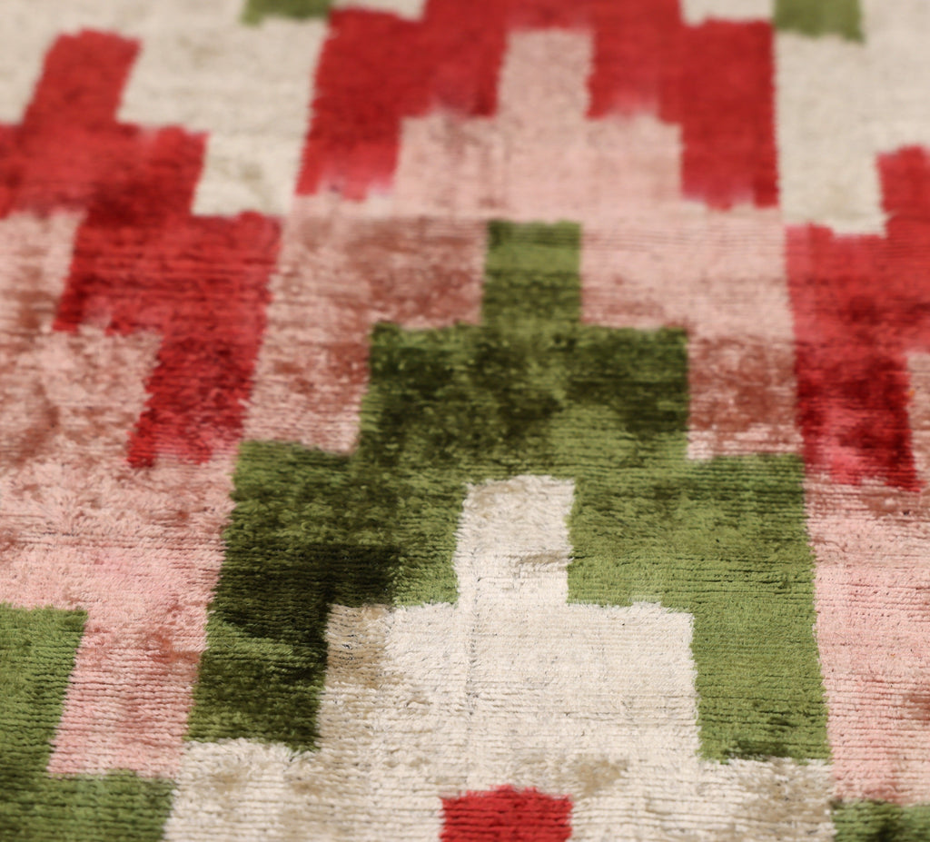 Hand-Knotted Silk Velvet Ikat Lumbar Pillow - 16x24 Ruby & Moss Green