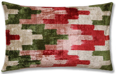 Hand-Knotted Silk Velvet Ikat Lumbar Pillow - 16x24 Ruby & Moss Green