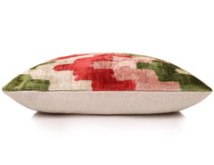 Hand-Knotted Silk Velvet Ikat Lumbar Pillow - 16x24 Ruby & Moss Green