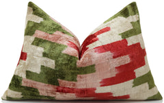 Hand-Knotted Silk Velvet Ikat Lumbar Pillow - 16x24 Ruby & Moss Green