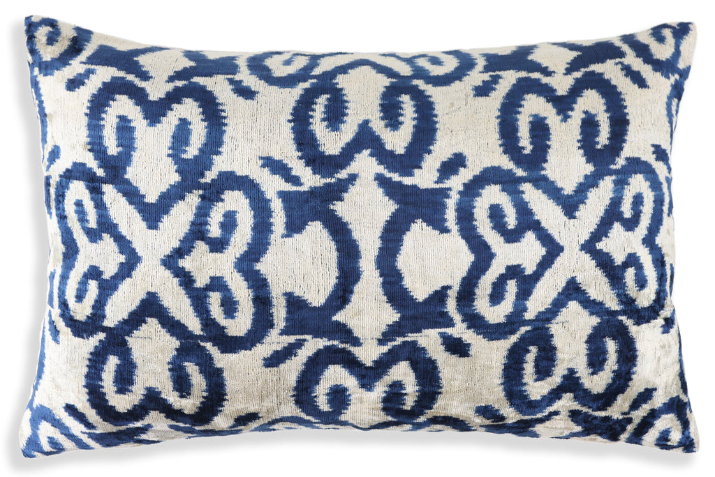 Handmade Navy Ikat Velvet Pillow – 16x24" Silk Accent Cushion