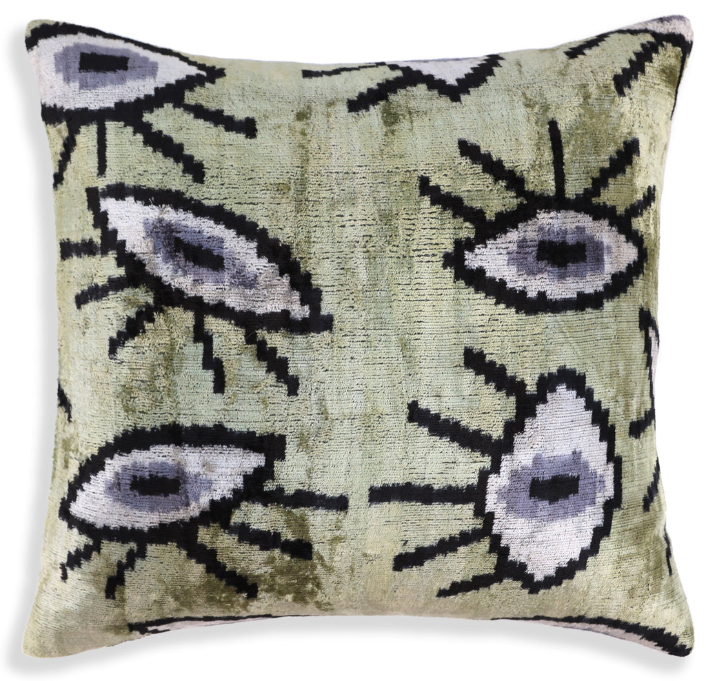 Handmade Evil Eye Silk Velvet Pillow – 16x16 Green & Black Cushion