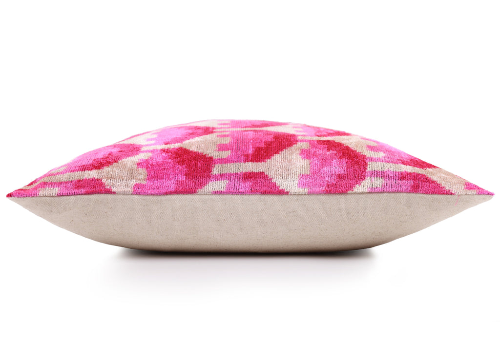 Luxury Pink Silk Velvet Throw Pillow – Handmade 20x20 Ikat Design