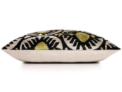Black & Olive Ikat Velvet Pillow – Handmade 16x24 Medallion Design