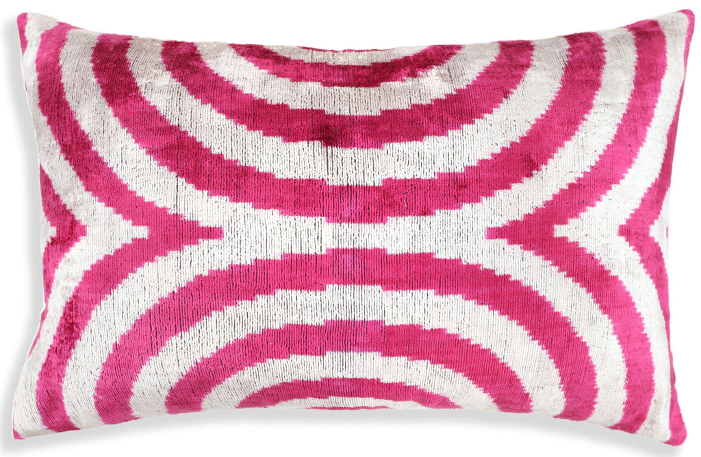 Luxury Silk Velvet Pillow 16x24 – Handmade Fuchsia & Ivory Concentric Lumbar Cushion