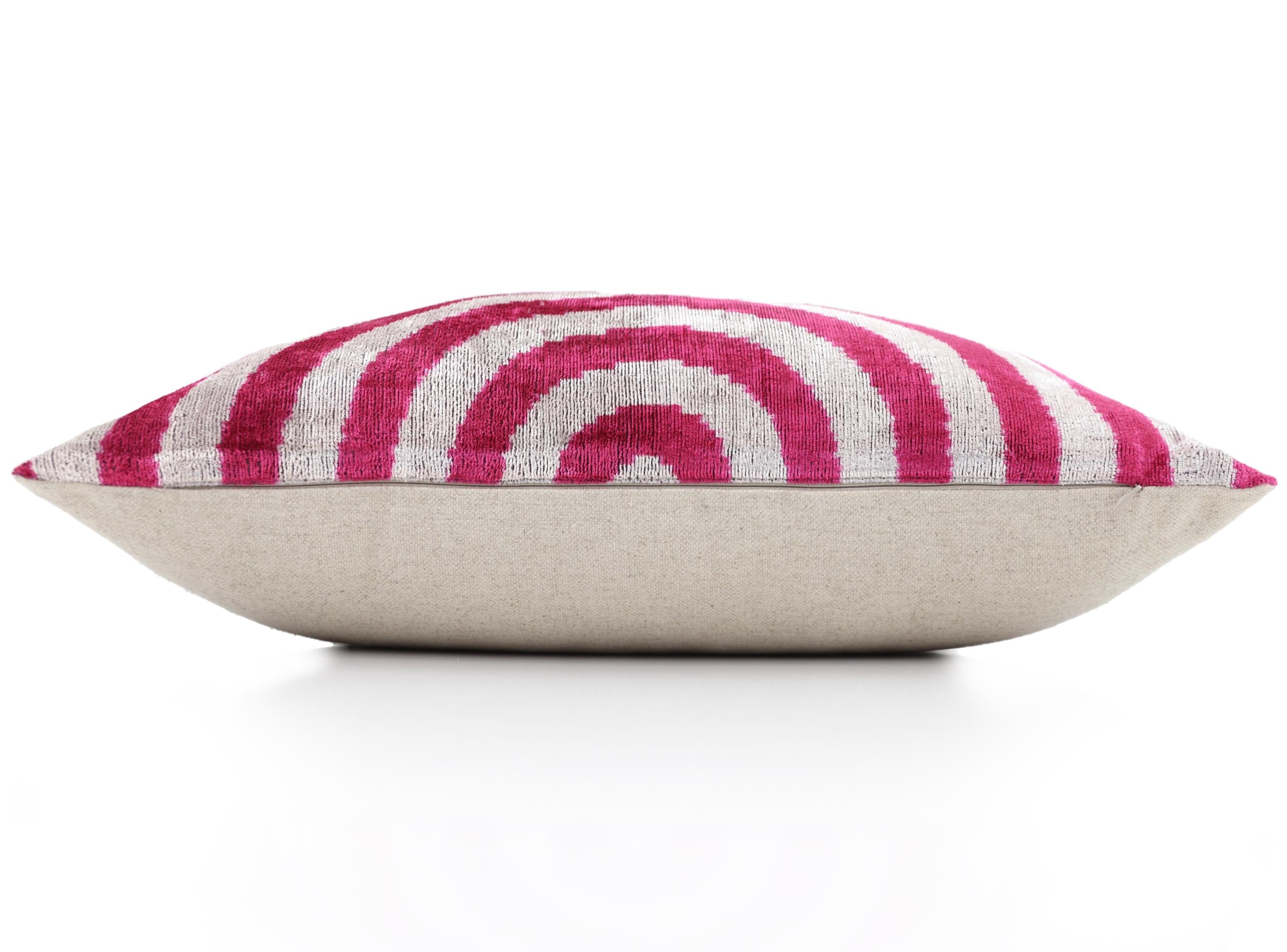 Luxury Silk Velvet Pillow 16x24 – Handmade Fuchsia & Ivory Concentric Lumbar Cushion