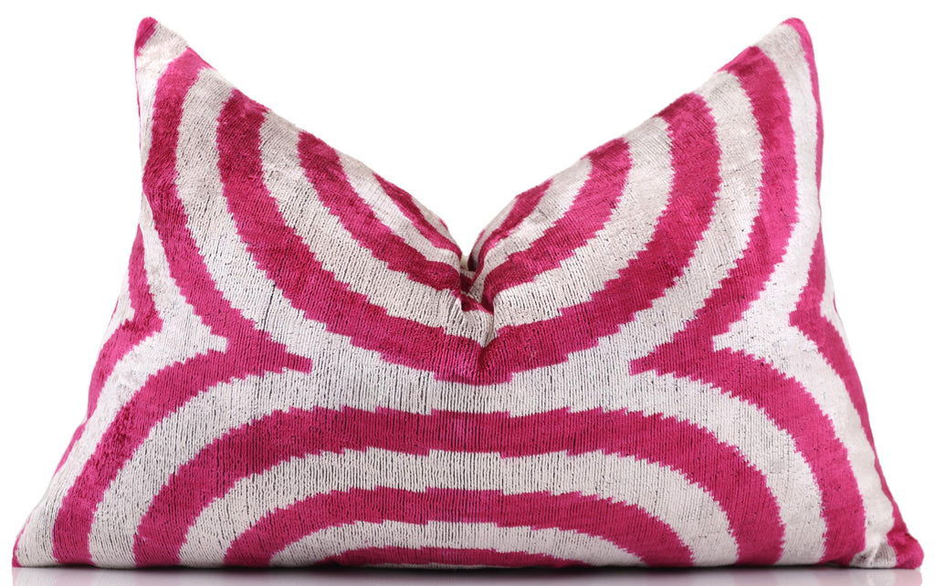 Luxury Silk Velvet Pillow 16x24 – Handmade Fuchsia & Ivory Concentric Lumbar Cushion