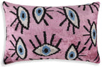 Luxury Pink Evil Eye Velvet Pillow 16x24 – Handmade Silk Lumbar Cushion with Bohemian Charm