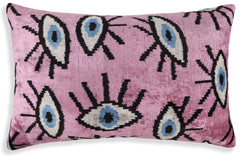 Luxury Pink Evil Eye Velvet Pillow 16x24 – Handmade Silk Lumbar Cushion with Bohemian Charm