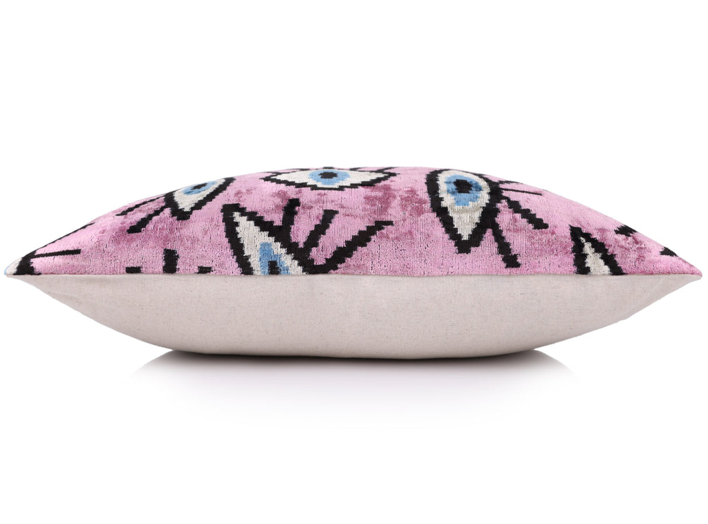 Luxury Pink Evil Eye Velvet Pillow 16x24 – Handmade Silk Lumbar Cushion with Bohemian Charm