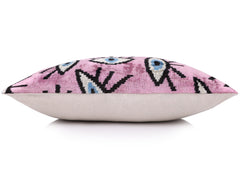 Luxury Pink Evil Eye Velvet Pillow 16x24 – Handmade Silk Lumbar Cushion with Bohemian Charm