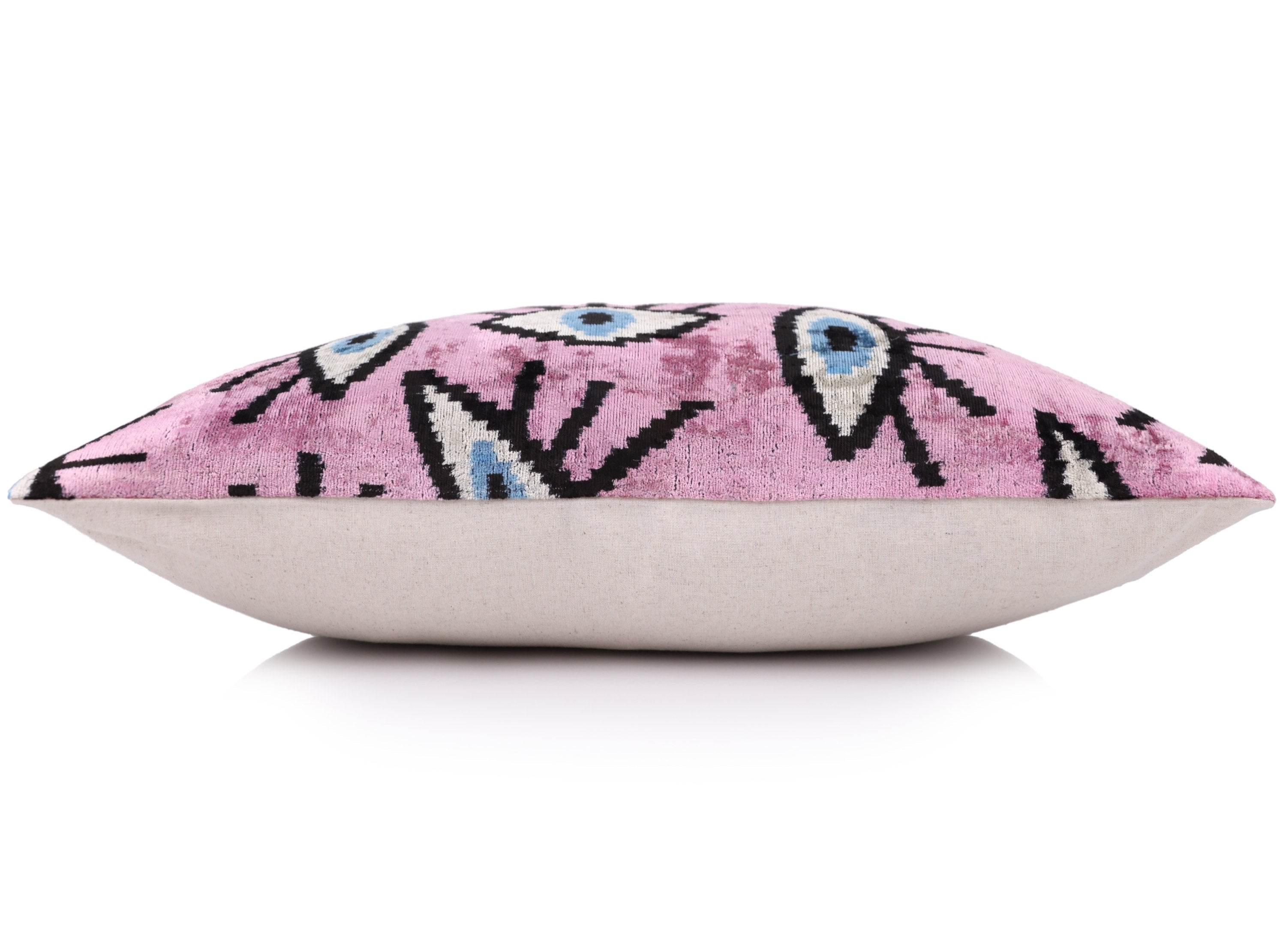 Luxury Pink Evil Eye Velvet Pillow 16x24 – Handmade Silk Lumbar Cushion with Bohemian Charm