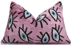 Luxury Pink Evil Eye Velvet Pillow 16x24 – Handmade Silk Lumbar Cushion with Bohemian Charm