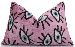 Luxury Pink Evil Eye Velvet Pillow 16x24 – Handmade Silk Lumbar Cushion with Bohemian Charm