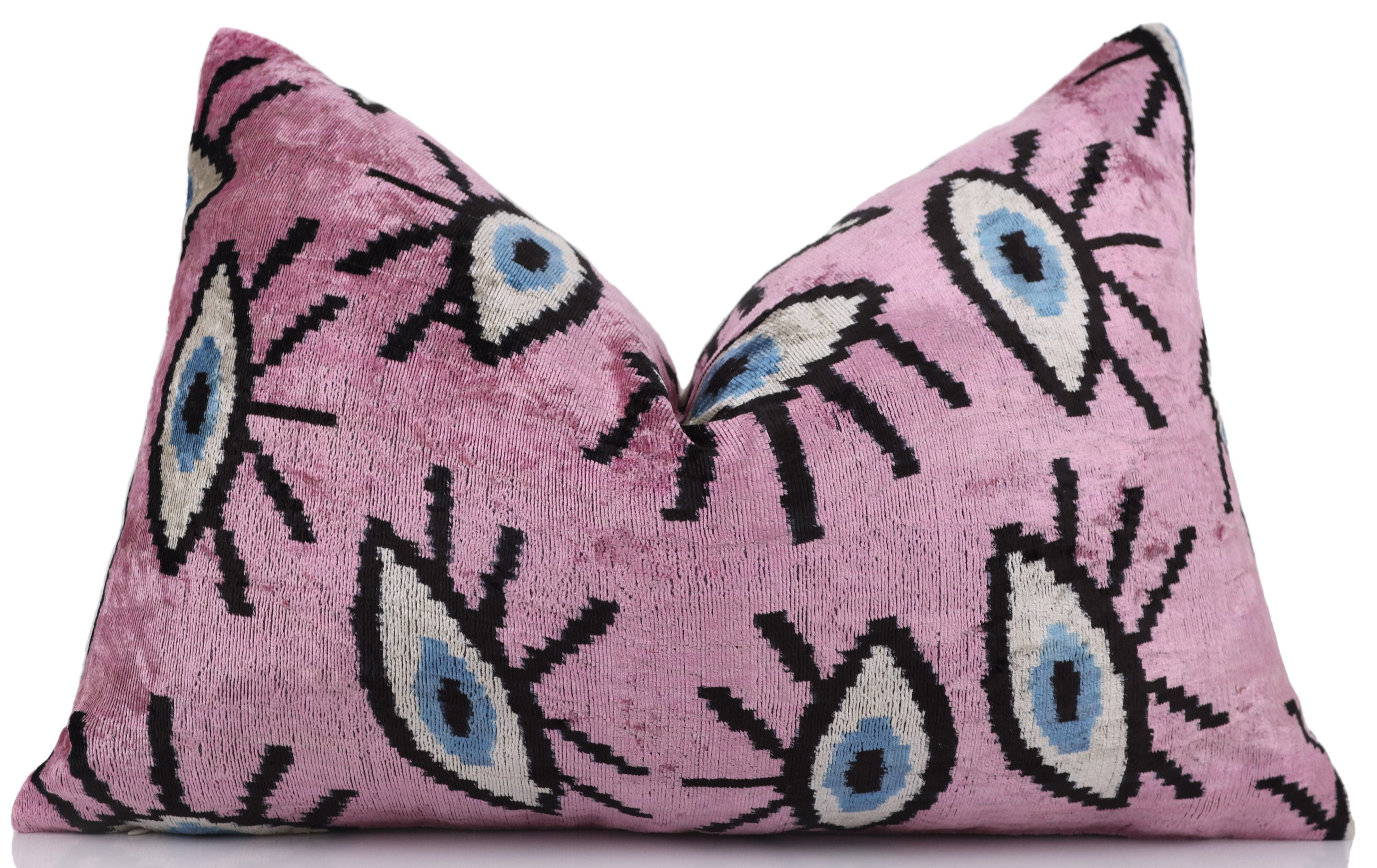 Luxury Pink Evil Eye Velvet Pillow 16x24 – Handmade Silk Lumbar Cushion with Bohemian Charm
