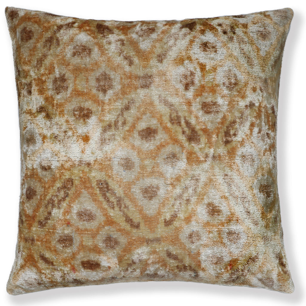Champagne Ikat Silk Velvet Throw Pillow 20x20 | Handmade Neutral Luxury Accent Pillow