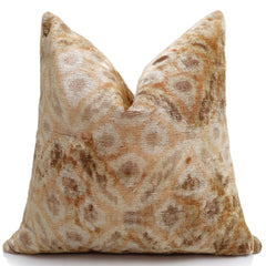 Champagne Ikat Silk Velvet Throw Pillow 20x20 | Handmade Neutral Luxury Accent Pillow