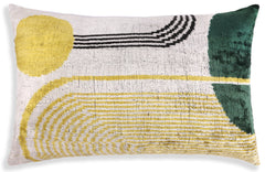 Luxury Silk Velvet Pillow 16x24 – Handmade Modern Geometric Lumbar Cushion in Yellow & Green