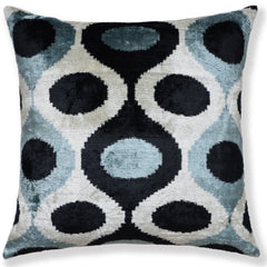 Blue & Black Ikat Silk Velvet Throw Pillow 20x20 | Handmade Designer Accent Pillow