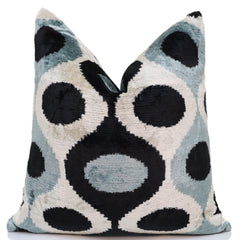 Blue & Black Ikat Silk Velvet Throw Pillow 20x20 | Handmade Designer Accent Pillow