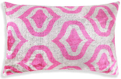 Handmade Pink Geometric Velvet Lumbar Pillow 16x24 – Luxury Silk Ikat Cushion