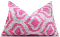 Handmade Pink Geometric Velvet Lumbar Pillow 16x24 – Luxury Silk Ikat Cushion