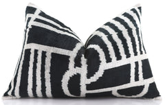 Luxury Black & White Geometric Velvet Pillow 16x24 – Handmade Silk Lumbar Cushion