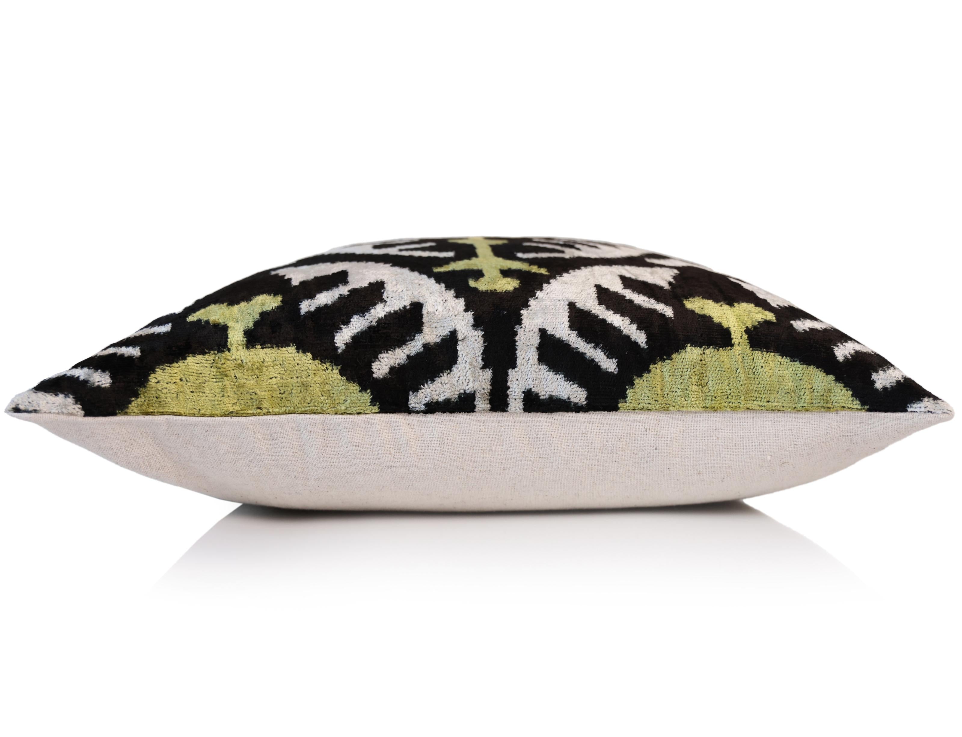 Green and Black Silk Velvet Ikat Pillow 16x16 Handmade Luxury Cushion