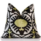 Green and Black Silk Velvet Ikat Pillow 16x16 Handmade Luxury Cushion