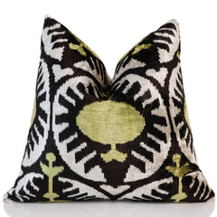 Green and Black Silk Velvet Ikat Pillow 16x16 Handmade Luxury Cushion