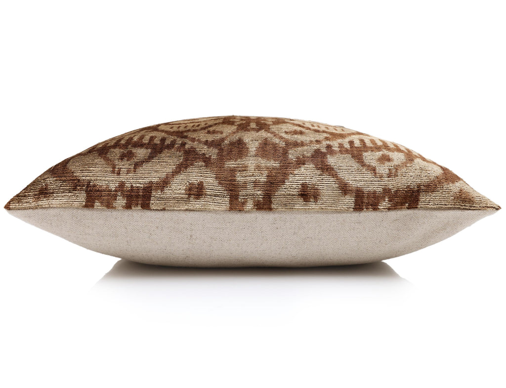 The Cognac & Cream Traditional Ikat Silk Velvet Pillow - 20" x 20"