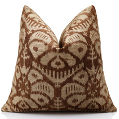 The Cognac & Cream Traditional Ikat Silk Velvet Pillow - 20" x 20"