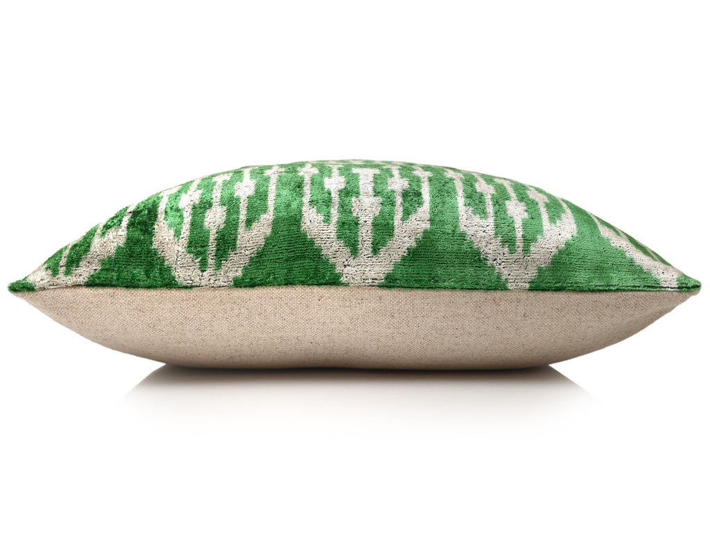 Handwoven Green Ikat Silk Velvet Pillow 20x20 Inch | Luxury Organic Decorative Throw Pillow