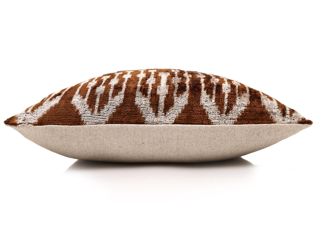 Luxury Handwoven Ikat Silk Velvet Pillow 20x20 Inch – Earthy Brown & Ivory