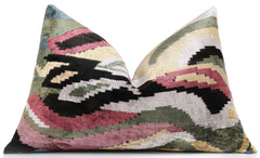 Hand-Knotted Abstract Wave Silk Velvet Lumbar - 16x24 Sage & Mauve