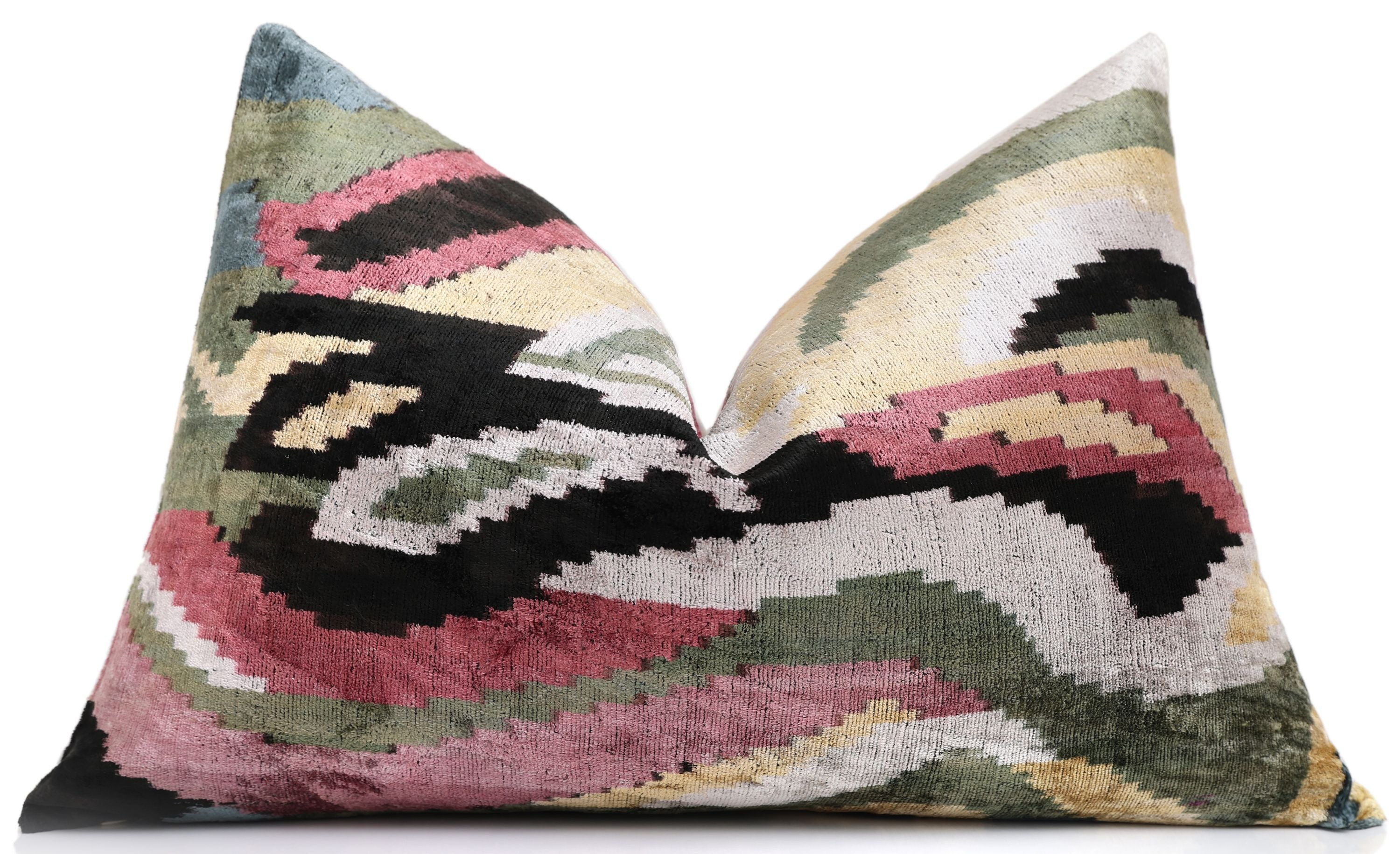Hand-Knotted Abstract Wave Silk Velvet Lumbar - 16x24 Sage & Mauve