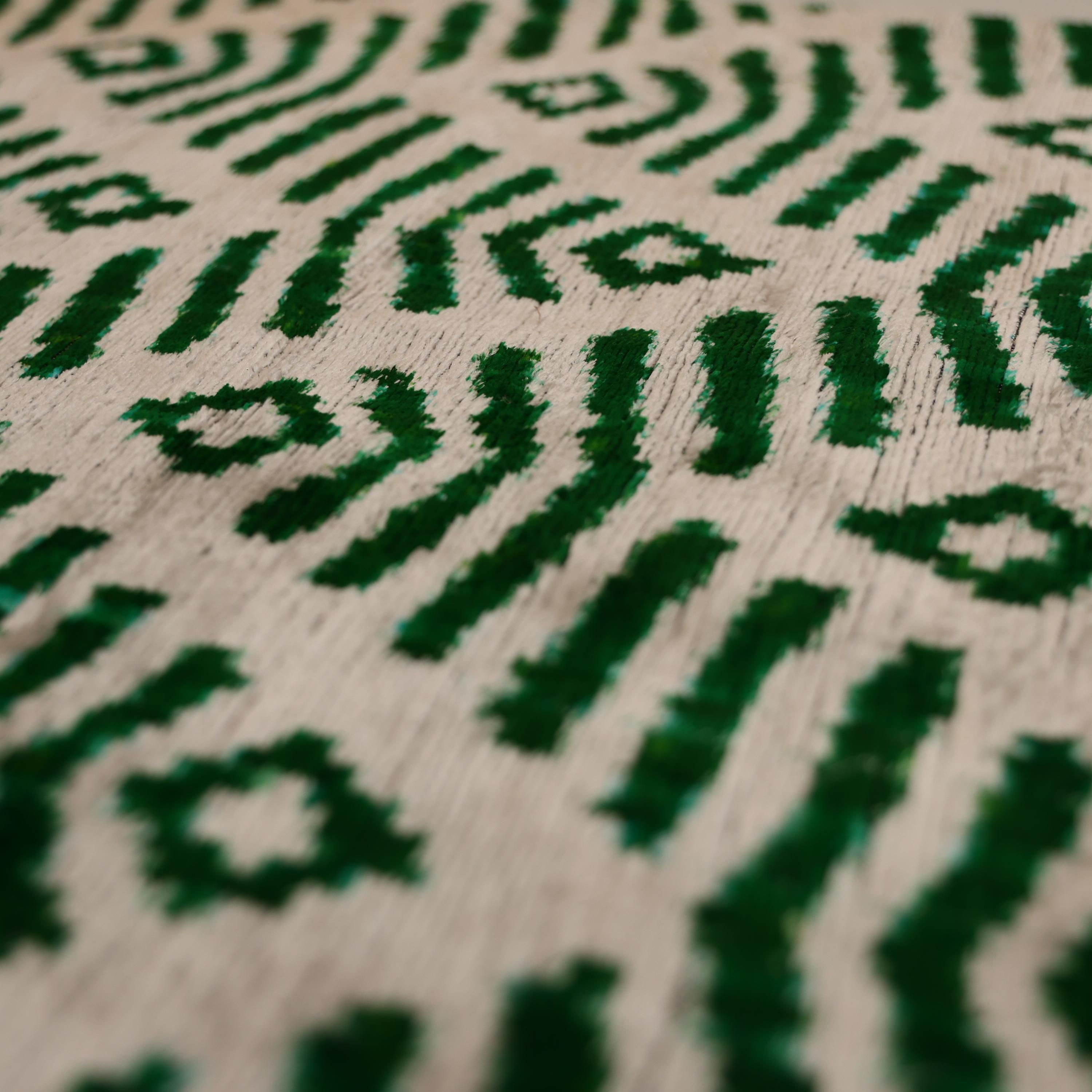 Hand-Knotted Emerald Green Geometric Silk Velvet Pillow - 20x20 Ikat