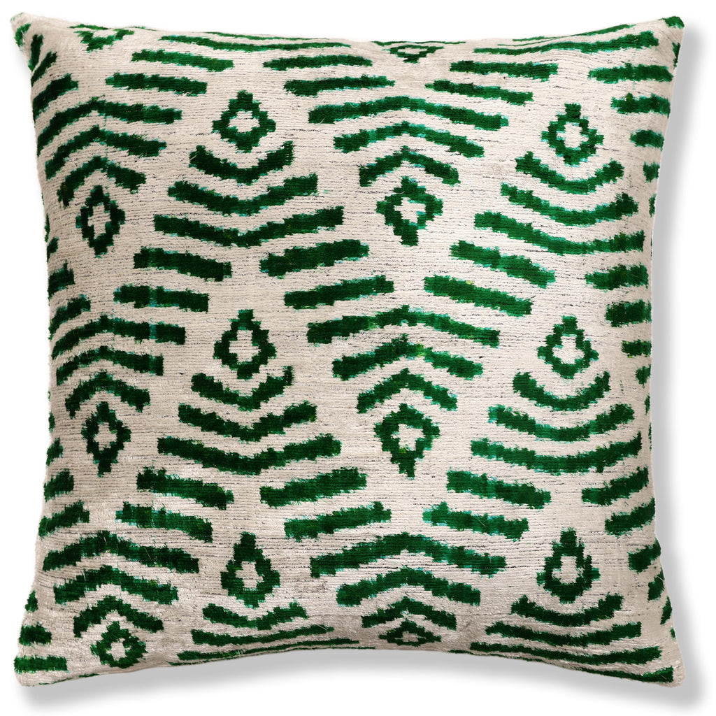 Hand-Knotted Emerald Green Geometric Silk Velvet Pillow - 20x20 Ikat