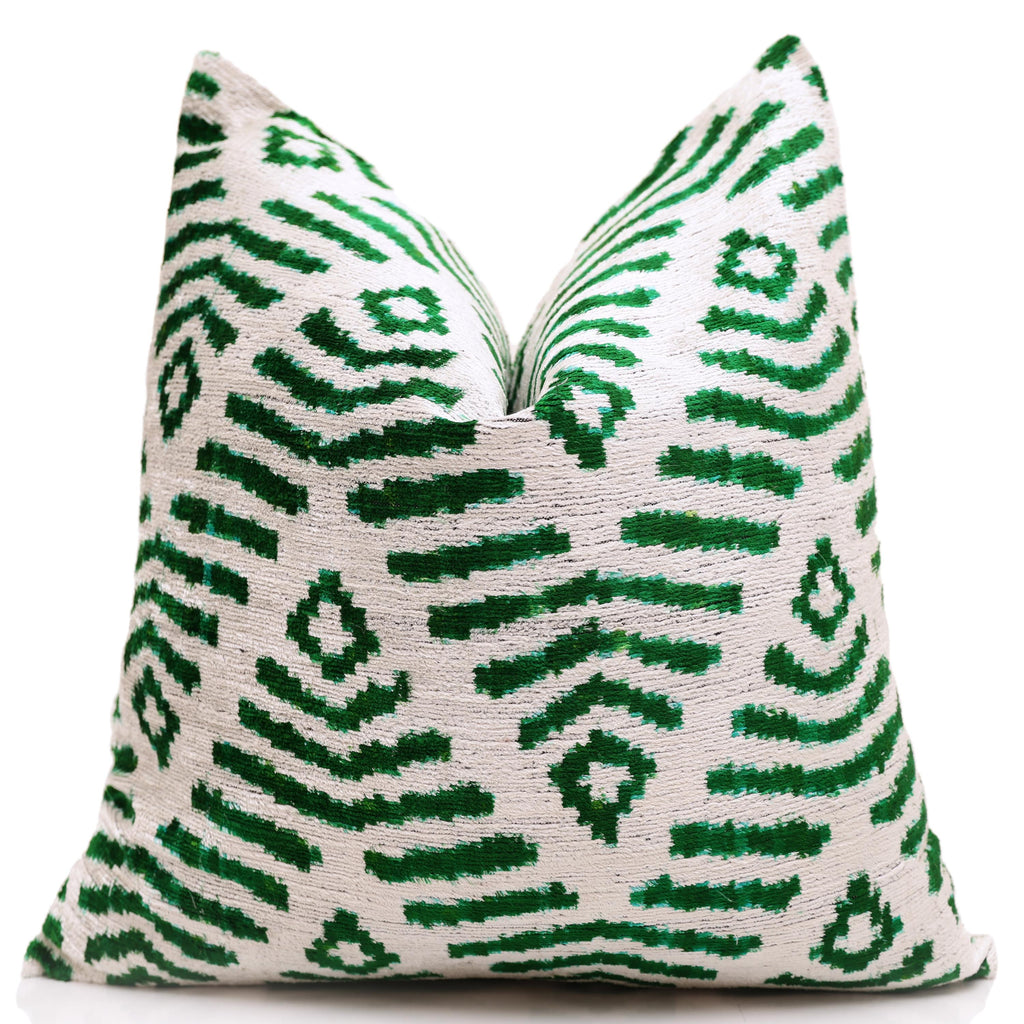 Hand-Knotted Emerald Green Geometric Silk Velvet Pillow - 20x20 Ikat