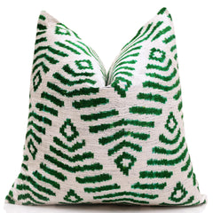 Hand-Knotted Emerald Green Geometric Silk Velvet Pillow - 20x20 Ikat